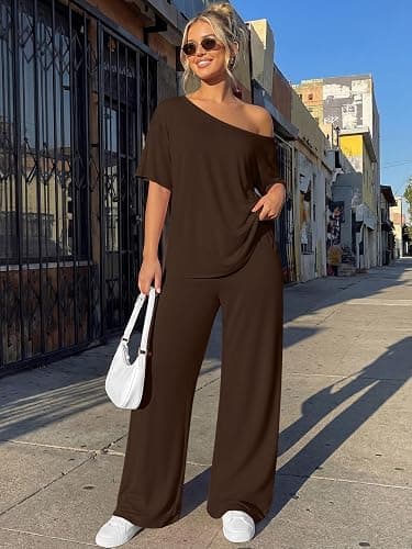 Trendy Queen Womens 2 Piece Lounge Sets Matching Comfy Outfits Clothing | Off Shoulder Oversized Tshirts & Wide Leg Pants Outfits thumbnail 2
