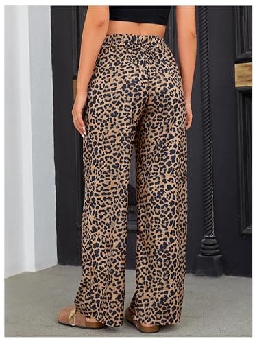 OYOANGLE Women's Leopard Print Elastic High Waist Long Pants | Loose Wide Leg, with Pockets, All Over Cheetah Printed, Casual Ladies Outfit, Palazzo Trousers thumbnail 2