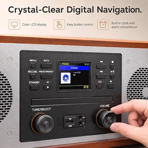 10 in 1 Bluetooth Record Player All-in-One Multimedia Center | Stereo Speakers, CD Player, Internet Radio, 3-Speed Turntable, Clock, Alarm, USB Recording, RCA Out, LCD Display, Red Wood thumbnail 2