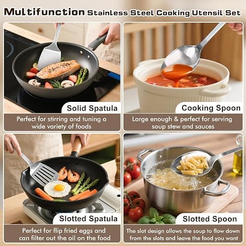 4 Pcs Cooking Utensils Set, Stainless Steel Kitchen Utensils, Heat Resistant Metal Kitchen Tools Include Solid & Slotted Turner Wok Spatula, Serving Spoon, Ergonomic Handle, Easy to Clean, Silver thumbnail 3