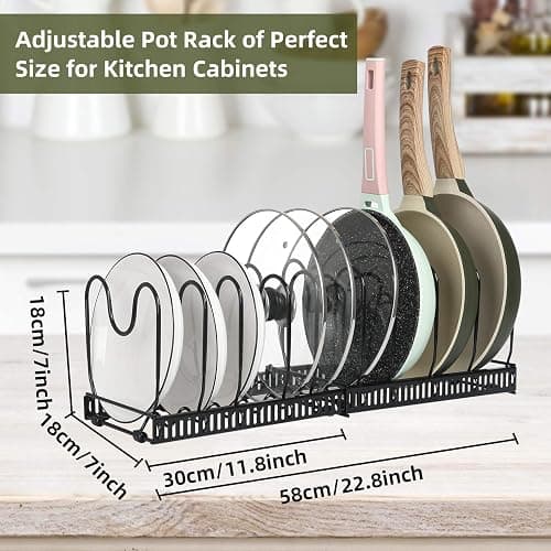 ROOHUA Pot Rack -Expandable Pan Organizer for Cabinet, Lid Holder with 10 Adjustable Compartment for Kitchen Cabinet Cookware Baking Frying Rack thumbnail 2
