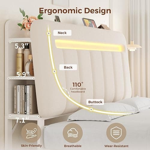 Jocoevol Full Size Bed Frame with Storage Headboard,Upholstered White Bed Frame Full with Storage Drawers and Charging Station,Velvet Platform Metal Bed, Noise-Free No Box Spring Needed thumbnail 8
