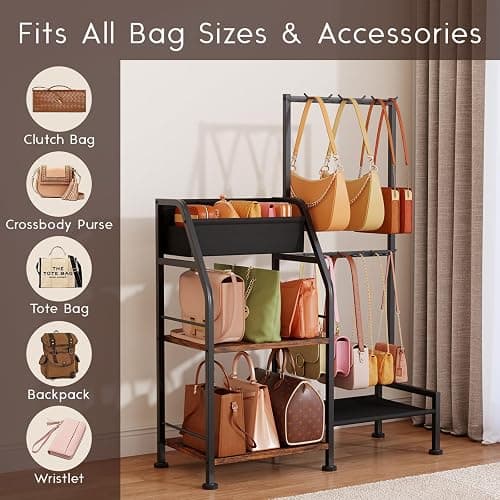 Homsorout Purse Organizer for Women - 3-Tier Storage Stand & 12 Fixed Hooks, Visible Backpack Storage, Space-Saving Bag Organizer Rack for Home, Closet, Black thumbnail 5