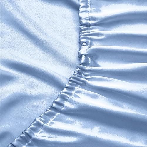 Full Silk Satin Fitted Sheet, Soft Deep Pocket Single Bottom Bed Sheets Sold Separately, Wrinkle Free, Non- Fading, Breathable, Fully Elasticized(Full Size, Light Blue) thumbnail 4