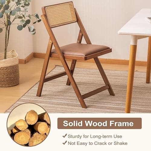 SOBIBO Wood Folding Dining Chairs, Padded Seat, Set of 2, Coffee & Walnut | Solid Wood Frame, Rattan Backrest, 600lbs Capacity, No Assembly Required, Mid Century Modern for Dining Room, Balcony, Patio thumbnail 6