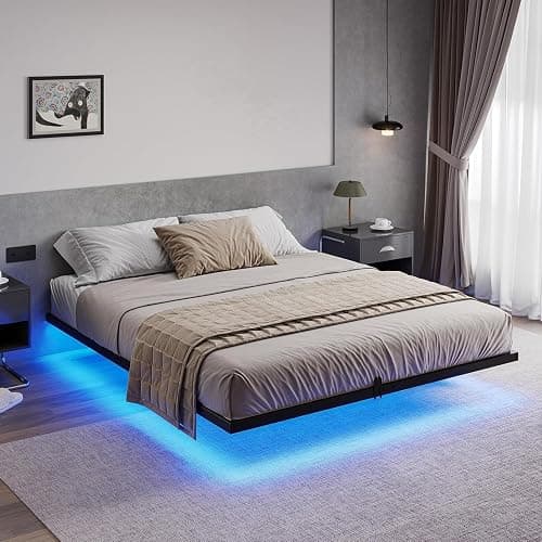 SANGMUCEN Floating Queen Bed Frame with LED Lights & USB Charging Station, Metal Platform Bed Frame Queen Size, No Box Spring Needed, Steel Slat Support, Anti-Noise Foam Stickers, Easy to Assemble thumbnail 9