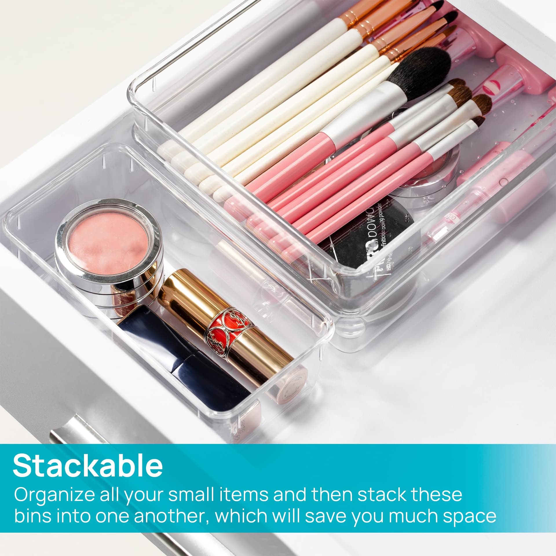 Vtopmart Plastic Clear Drawer Organizer, Acrylic Desk Drawer Organizers, Organization and Storage for Makeup, Bathroom, Office, kitchen, Bedroom (25Pack-Clear) thumbnail 7