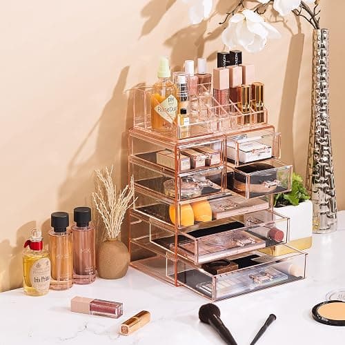 Sorbus Clear Cosmetic Makeup Organizer - Make Up & Jewelry Storage, Case & Display - Spacious Design - Great Holder for Dresser, Bathroom, Vanity & Countertop (3 Large, 4 Small Drawers) [Pink] thumbnail 5