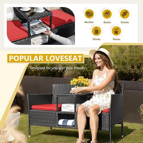 Devoko Outdoor Patio Loveseat Modern Rattan 2-Seat Patio Conversation Set with Cushions & Built-in Coffee Table Porch Furniture for Garden Lawn Backyard (Red) thumbnail 4