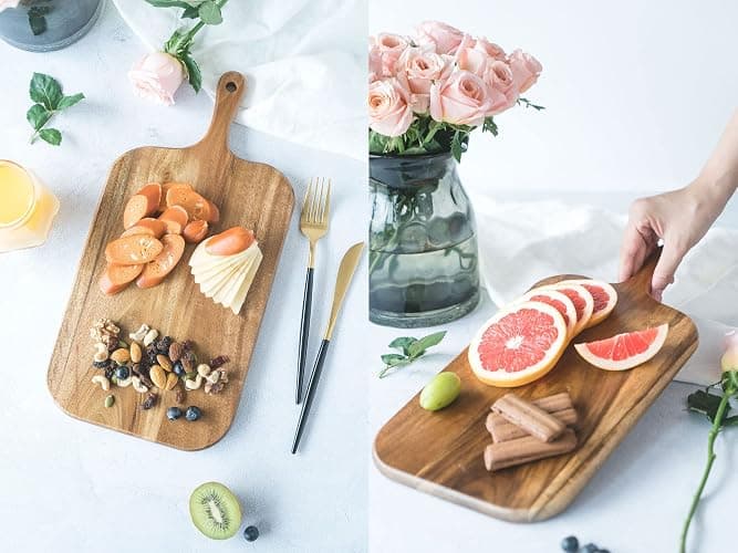 BILL.F Acacia Wood Cutting Board with Handle Wooden Charcuterie Board Paddle Cheese Board Serving Boards for Kitchen Meat, Pizza,Cheese, Bread, Vegetables &Fruits 15'' x 7.5'' x 0.6'' thumbnail 6