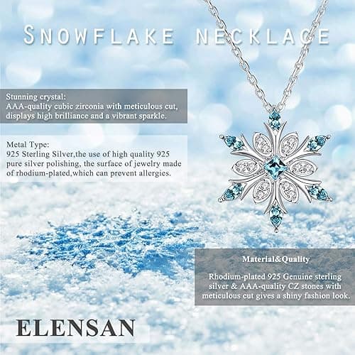 Elensan Women's 925 Sterling Silver Blue Crystals Snowflake Pendant Fashion Necklace Collarbone Chain thumbnail 5