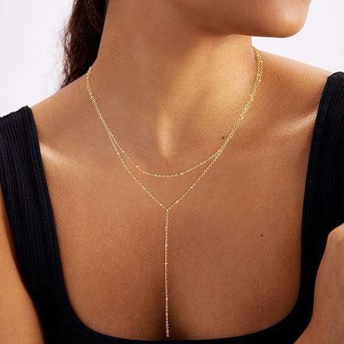 Foxgirl Lariat Gold Necklace for Women, Dainty Long Necklace 14k Gold Plated/Silver Y-Shaped Pendant Necklace Trendy Layered Cz Beaded Chain Drop Necklaces Simple Gold Jewelry For Women Gift thumbnail 2