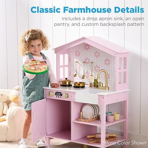 Best Choice Products Pretend Play Wooden Farmhouse Kitchen Set for Kids w/Toy Storage, Clicking Knobs, Windows, 5 Accessories Included - Ocean thumbnail 3