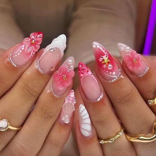 24Pcs Pink Press on Nails Medium Almond Fake Nails with 3D Flower Designs Stick on Nails Pink Gradient False Nails Spring Summer Floral Acrylic Nails Starfish Reusable Glossy Acrylic Nails for Women - Image 1