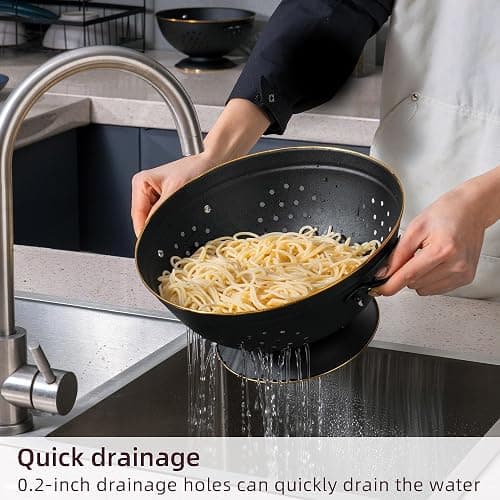 Metal Colander Set of 2, Strainer Basket with Handles perfect for Spaghetti, Pasta, Berry, Vegetable, Fruit, Solid Base Powder Coated Self-draining Kitchen Colander Bowel, 3.5 & 5 Qt, Matte Black thumbnail 2