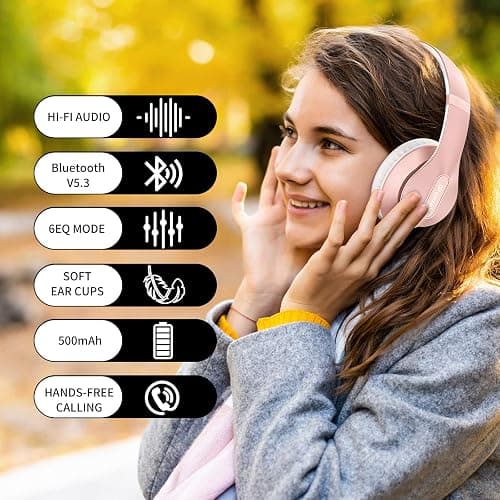 Glynzak Wireless Bluetooth Headphones Over Ear 65H Playtime HiFi Stereo Headset with Microphone and 6EQ Modes Foldable Bluetooth V5.3 Headphones for Travel Smartphone Computer Laptop Rose Gold thumbnail 6