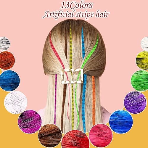 Xinnun 52 Pcs Colored Hair Feathers Extension Kit for Women 13 Colors Long Straight Synthetic Hair Feather 200 Silicone Lined Micro Ring Crochet Hook and Lengthen Remover Plier for Cosplay Party thumbnail 3