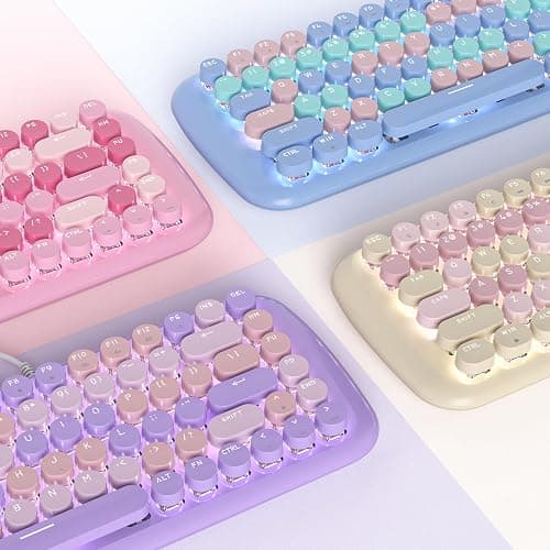 iRoboosta Pink Creamy Mechanical Gaming Keyboard, Aesthetic w/White Backlit, 84 Keys Cute Retro Typewriter Computer Keyboard Wired, Round Keycaps for Windows/PC/PS5 thumbnail 6
