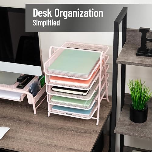 Mind Reader 5-Tier Paper Tray Organizer, Vertical Desktop File Storage Rack, Office, Metal Mesh, Pink thumbnail 3