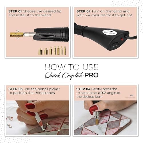 Quick Crystals Pro Hotfix Applicator, Bedazzler Kit with Rhinestones, DIY Wand Setter Tool Kit with 7 Different Tip Sizes, Tweezers, Cleaning Brush, User Manual, and 4400 Rhinestones - Black thumbnail 5