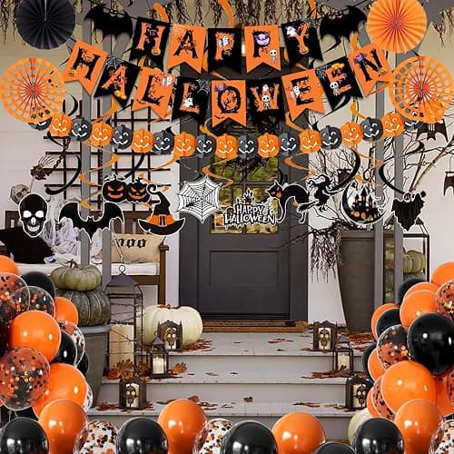 Happy Halloween Trick or Treat Banner Paper Fan Balloons & Swirl Streamers Goul Bat Cat Bird Ghost Pumpkin Lantern for Party Decorations thumbnail 2