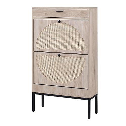 XIAO WEI Shoe Cabinet, Natural Semi Circle Rattan Shoe Storage Organizer Cabinet with 2 Flip Drawers, Freestanding Shoe Rack with Adjustable Shelf for Entryway - Image 1