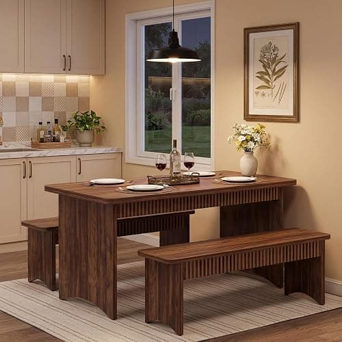 LITTLE TREE 55" Dining Table with 2 Benches, Dining Table Set for 4-6 People, Farmhouse Kitchen Table with Bench, Dining Room Table Set thumbnail 2