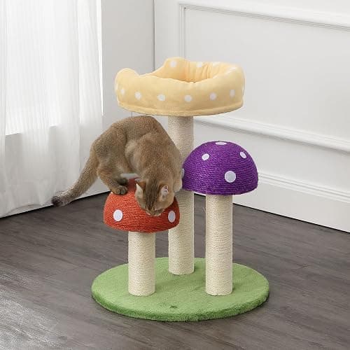 THE LICKER STORE CTR1001A Pixie 22.5" 3-Tier Cottage Sisal Mushroom Cat Tree with Scratching Posts, Napping Perch, and Dangling Bell Toy, Multi thumbnail 2