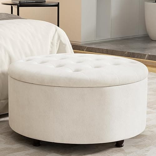 YUUIJOAA 30 Inch Round Storage Ottoman,Modern Tufted Ottomans,Circular Coffee Table with Removable Top,Upholstered Large Ottoman with Storage Footrest Stool for Bedroom Living Room (White) - White thumbnail 9