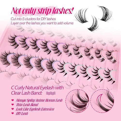 Manga Lashes Natural Look Anime False Eyelashes 20 Pairs Clear Band Individual Wispy Fake Eyelashes Strip Spiky DIY Cluster Lashes Extension C-curly Cat Eye Lashes Pack thumbnail 7