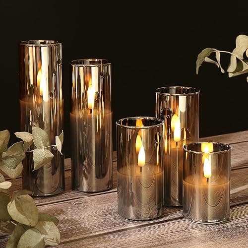 Eywamage 5 Pack Grey Glass Flameless Candles with Remote, Flickering Slim Tall LED Pillar Votive Candles Battery Included - Gray thumbnail 9