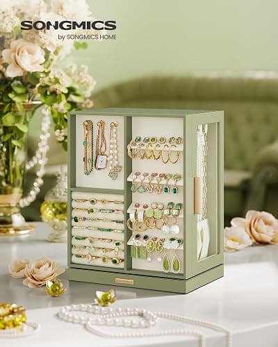 SONGMICS Jewelry Box 360° Rotating, Jewelry Storage Case with 5 Drawers, Jewelry Organizer, Glass Window, Spacious, Vertical Jewelry Storage, Open Design, Great Gift, Laurel Green UJBC170C02 thumbnail 2