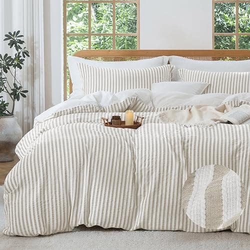 MILDLY Jacquard Stripe Duvet Cover - 100% Washed Cotton Light Khaki Boho Textured Comforter Cover 3pcs with Zipper Closure 90"x90" - Image 1