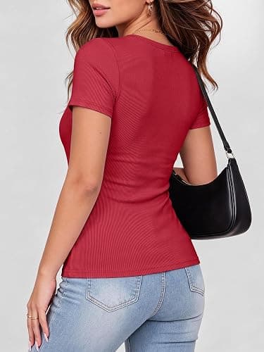 ANRABESS Women Short Sleeve Tops Scoop Neck Ribbed Knit Slim Fitted Basic Tee Shirt Casual Summer Clothes 2026 Spring Outfits thumbnail 4