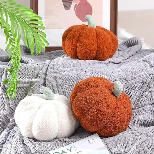 Kajaia 2 Pcs 3D Pumpkin Pillow Fall Decor Cushions,White, Brown | 11 x 9.5 Inch Stuffed Fall Throw Pillows, Room & Bedroom Home Decor for Fall Halloween Thanksgiving Sofa Couch thumbnail 3