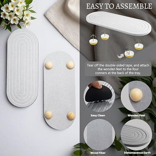 Instant Dry Sink Caddy Organizer, Fast Drying Sink Caddy, Water Absorbing Stone Sponge Holder for Kitchen and Bathroom Countertop with Natural Loofah and Wooden Feet thumbnail 6
