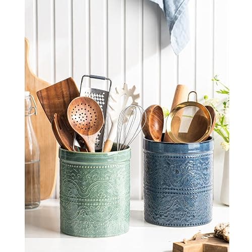 MIKIGEY Kitchen Utensil Holder, 7 Inches Large Ceramic Utensil Holder for Countertop, Lace Emboss Cooking Utensil Crocks for Kitchen, Home Decor, Reactive Blue thumbnail 2