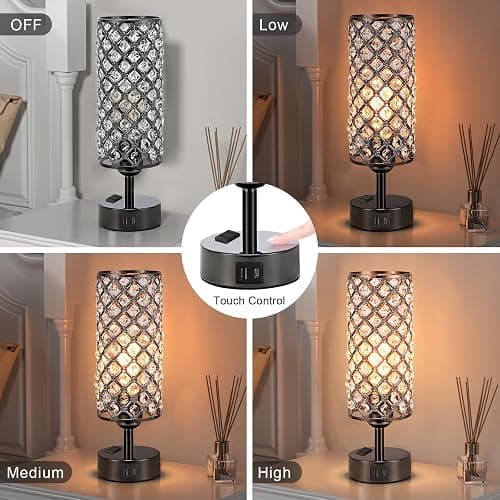 Hong-in Crystal Table Lamp Touch Control Set of 2, 3-Way Black Crystal Lamps with USB C+A Ports & AC Outlet, Dimmable Nightstand Desk Lamps,Modern Bedside Table Lamp for Bedroom(Bulbs Included) thumbnail 3