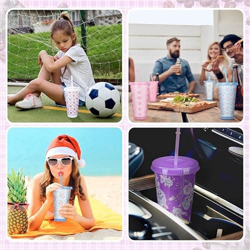Zhehao 12 Pack Bow Floral Cups Plastic Coquette Bow Straw Tumblers Cold Cups with Lids and Straws Bulk for Iced Coffee 24 oz Reusable Travel Mug Cup Gifts for Girl Women Mom Adults thumbnail 7