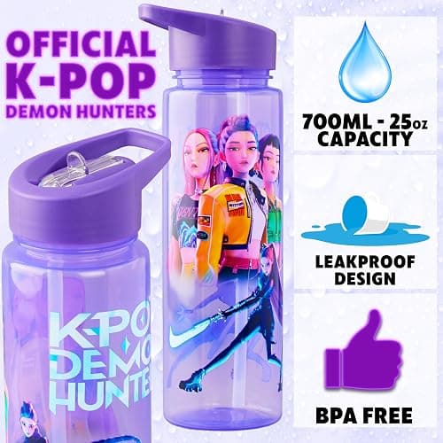 KPop Demon Hunters Water Bottle for Girls 25oz/700ml, Huntrix BPA Free Plastic Water Bottle with Straw, Rumi Zoey Mira Kpop Merchandise Gifts thumbnail 3