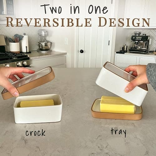 Mora Ceramic Two-in-One Butter Dish with Lid, Covered Butter Crock Container to Leave on Countertop - Large Storage Keeper/Holder for Kitchen, Gifts for Her, Butter Tray For Counter - Vanilla White thumbnail 4