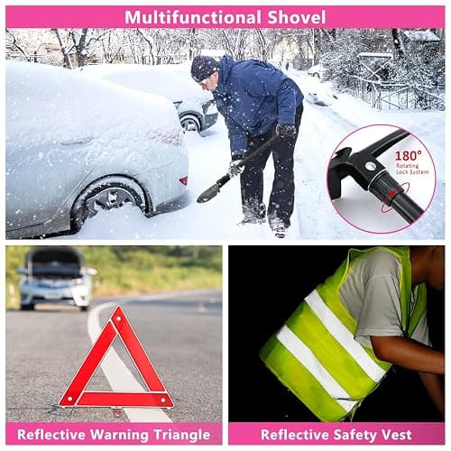 HLWDFLZ Car Emergency Kit with Portable Air Compressor - Roadside Assistance Emergency Kit with Jumper Cables, First Aid Kit, Auto Tool Set, Winter Safety Kit for Women, Men, Teen (Pink) thumbnail 6