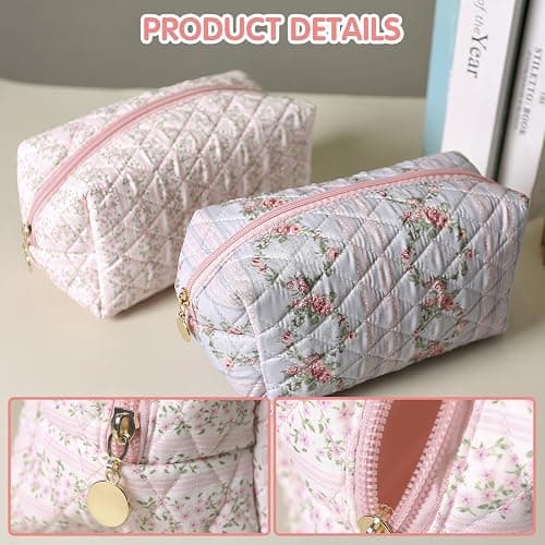 Floral Makeup Bag, Cute Quilted Makeup Toiletry Bag, Zipper Cosmetic Pouch, Daily Travel Use Skincare Bag, Multipurpose Organizer Bag (Blossom Blush Pink) thumbnail 6