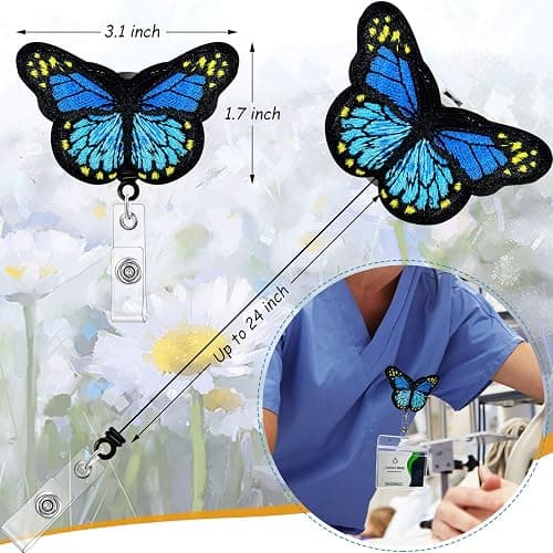 4 Pieces Butterfly Badge Reels Retractable Nurse Badge Holder Cute Butterfly ID Badge Reel with Alligator Clips for Nurses, Volunteers, Students, Teachers (Pink, Yellow, Cyan, Purple) thumbnail 3