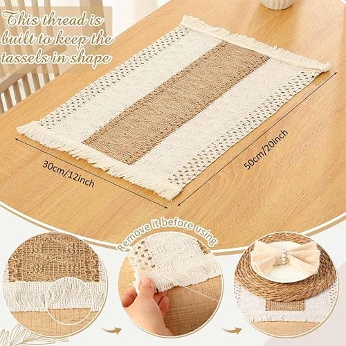 Gandeer 6 Sets Boho Placemats, Including 12 Inch Round Woven Rattan Placemats, Rectangle Burlap Boho Table Mats, Pearl Napkin Rings, Handmade Farmhouse Table Chargers for Home Wedding Party Decoration thumbnail 4