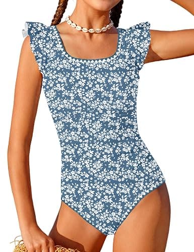 Girls Swimsuit Ruffled Square Neck Color Contrast Trim One Piece Bathing Suit Geometric Girls'Swimwear 9-16Y - Image 1