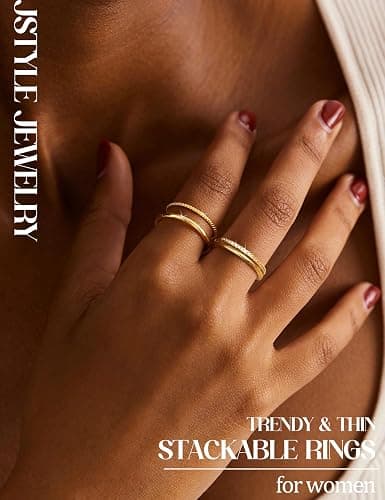 Jstyle Gold Stackable Rings for Women Non Tarnish Open Adjustable Rings Cubic Zirconia Thin Thumb Silver Ring Set 14K Gold Filled Pinky Knuckle Stacking Set - Dainty Statement Promise Band Ring Sets thumbnail 3