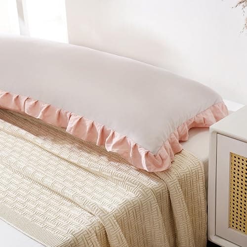 Merryword Beige & Pink Reversible Body Pillow - 20x54inches, Ruffled Long Pillowcase (1 Body) thumbnail 4
