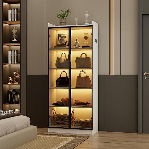 Display Cabinet with Doors and Adjustable Shelves, 65" Tall Bookcase with LED Lights/Human Sensor, 5 Tier Display Case for Collectibles Bedroom Living Room Office, White thumbnail 8