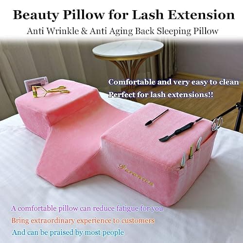 Puransen Lash Bed Pillow with Neck & Back Support - Curved Memory Foam Beauty Pillow for Eyelash Extensions & Salon Services, Two Pockets for Tools on The Sides of Removable Velvet Pillowcase (Pink) thumbnail 5